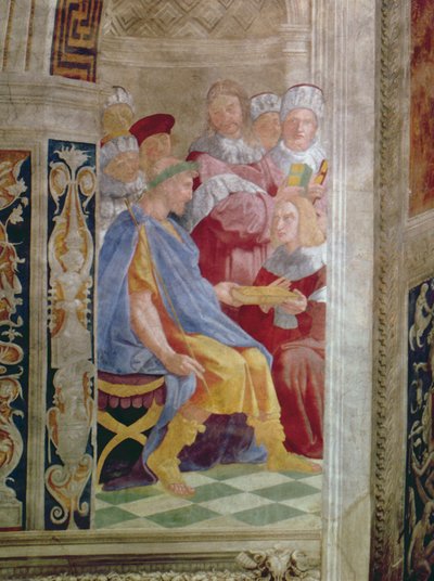 Le Virtù Giudiziarie: Papa Gregorio IX approva i Decretali Vaticani; Giustiniano consegna i Pandetti a Treboniano (dettaglio) da Raffaello Sanzio Raphael
